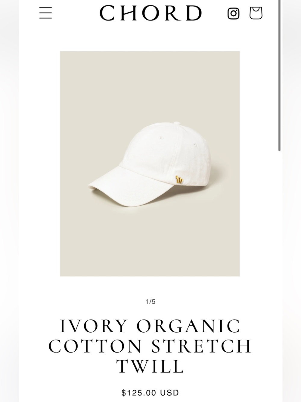Chor Ivory Cotton Baseball Cap with Gold Accent
